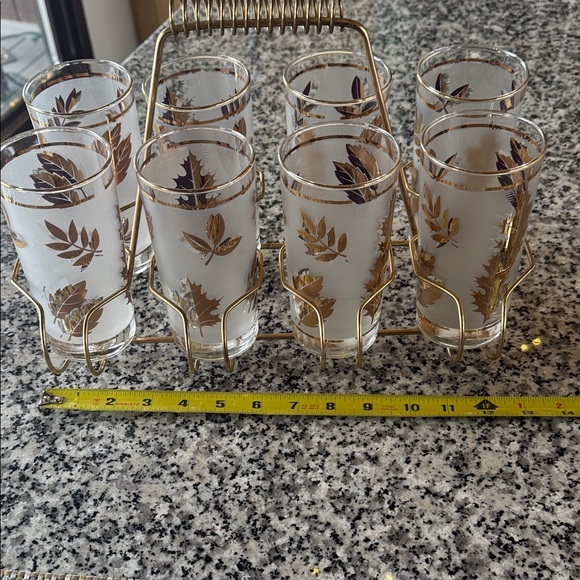 Libbey Gold Leaf 8 Glass Set with Holder Vintage - Picture 6 of 13